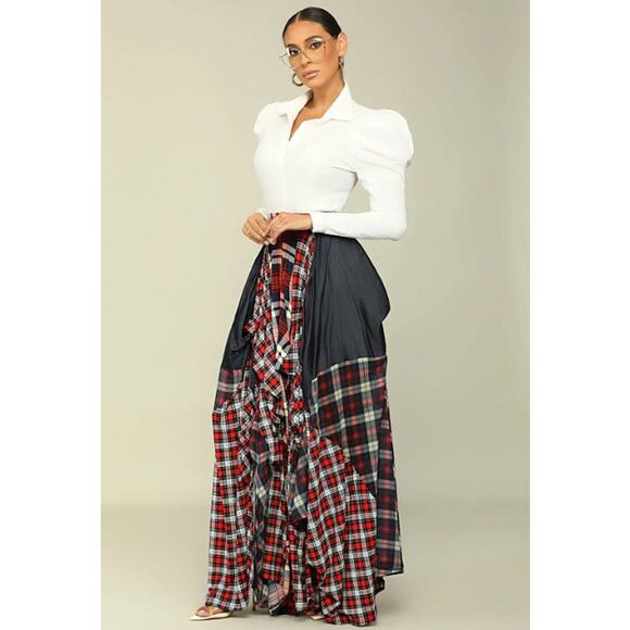 Kosmios Dresses & Skirts - Kosmios Damsel in Distress Maxi Skirt Plaid Grunge Patchwork Pickups Denim